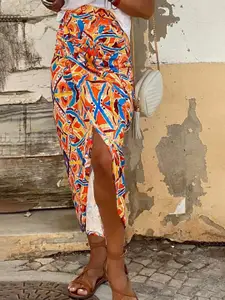 StyleCast Yellow Abstract Printed Wrap Midi Skirt