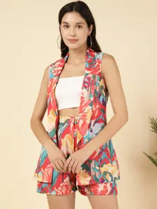 DEEBACO Floral Printed Sleeveless Linen Shrug & Shorts