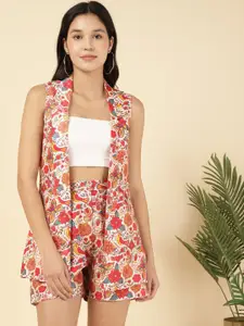 DEEBACO Floral Printed Sleeveless Linen Shrug & Shorts