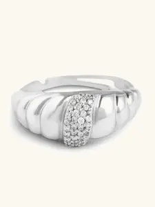 Mabel 925 Sterling Silver Rhodium Plated Studded Croissant Adjustable Ring
