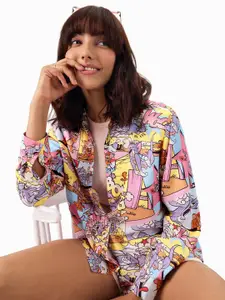 The Souled Store Blue & Pink Tom & Jerry Printed Spread Collar Oversized Casual Shirt