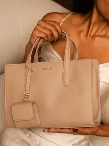 eske Women Beige Textured Detachable Sling Purse Included Leather Satchel Handbag