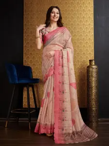 Mitera Peach Geometric Printed Organza Saree