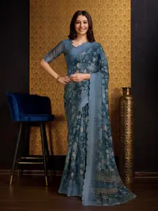 Mitera Blue Floral Printed Sequinned Organza Saree