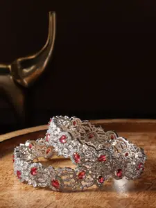 justpeachy Set Of 2 Silver Plated & AD Studded Bangle
