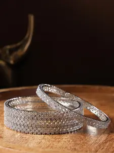 justpeachy Set Of 4 Silver-Plated & American Diamond Studded Bangles