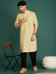 Sangria Ethnic Motifs Printed Sequinned Cotton Mandarin Collar Straight Kurta