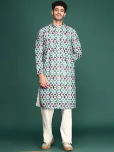 Sangria Geometric Printed Sequin Embellished Cotton Mandarin Collar Kurta