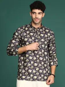 Sangria Floral Printed Cotton Mandarin Collar Short Kurta