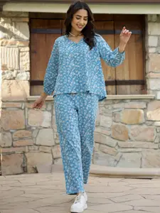 SANSKRUTIHOMES Blue Printed Pure Cotton Top With Trousers