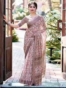 Mitera Brown Floral Printed Zari Sungudi Saree