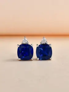 Ornate Jewels Rhodium Plated 92.5 Sterling Silver Sapphire Square Studs