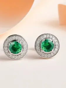 Ornate Jewels Rhodium Plated Sterling Silver Emerald Circular Studs