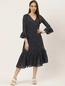 WISSTLER Polka Dot Print Bell Sleeve Georgette Midi Dress