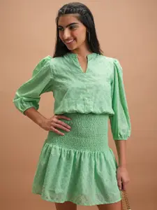 Vishudh Green Self Design Mandarin Collar Puff Sleeves Smocked Drop-Waist Dress