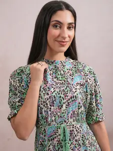 Vishudh Green & Yellow Floral Printed Fit & Flare Midi Dress