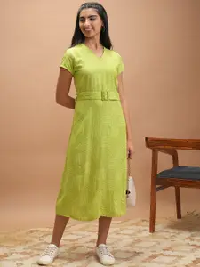 Vishudh Lime Green Bandhani Printed Belted A-Line Midi Dress