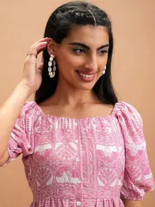 Vishudh Pink & White Floral Printed Puff Sleeve Empire Tiered Midi Dress