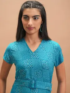 Vishudh Teal Blue Self Design V-Neck A-Line Midi Dress