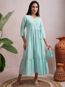 Vishudh Blue Floral Printed A-Line Midi Dress