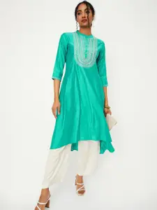 max Yoke Design Embroidered Mandarin Collar High Low A Line Kurta