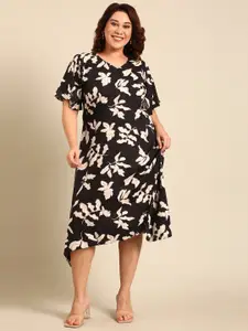 The Pink Moon Plus Size V Neck Floral Printed Linen A-Line Midi Dress