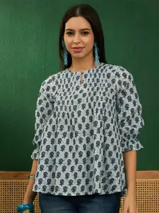 Sangria Ethnic Motifs Printed Keyhole Neck Puff Sleeve Cotton Top