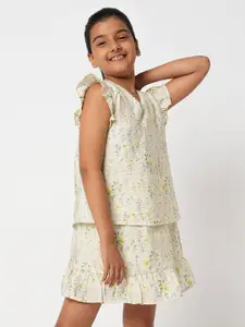 Vero Moda Girls Floral Printed V-Neck Flutter Sleeves Top