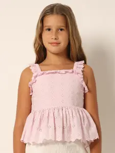 Vero Moda Girls Self Design Gathered Cotton Peplum Top With Hat