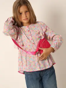 Vero Moda Girls Floral Printed Cuffed Sleeves Gathered Cotton Peplum Top