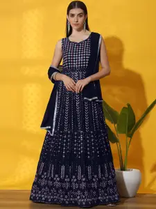Chhabra 555 Embroidered V-Neck Georgette Fit and Flare Maxi Ethnic Dress With Dupatta