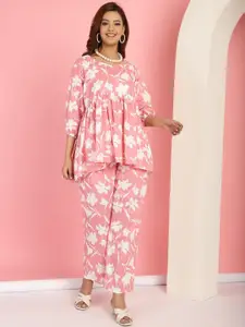TAG 7 Floral Printed Cotton V-Neck Ethnic Peplum Top With Trousers