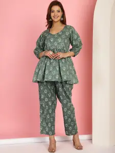 TAG 7 Floral Printed Cotton V-Neck Ethnic Peplum Top With Trousers