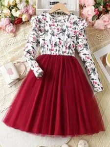 BAESD Girls Floral Print Net Cotton Round Neck Long Sleeves Fit & Flare Casual Dress