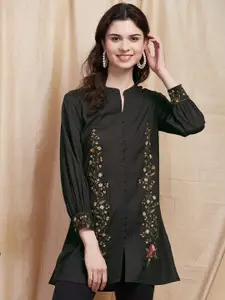 FASHOR Black Floral Embroidered Thread Work Detailed A-Line Kurti