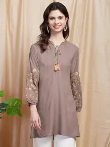 FASHOR Taupe Floral Embroidered Tie-Up Neck Thread Work A-Line Kurti