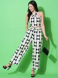 Globus White Printed Halter Neck Top With Trousers