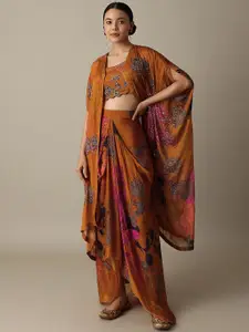 KALKI Fashion Floral Printed Sequined Scoop Neck Silk Top & Dhoti Pants With Jacket