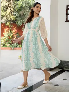 Janasya Dobby Georgette Floral Flared Dress