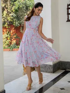 Janasya Dobby Georgette Floral Midi Tiered Dress