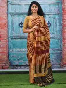 JALTHER Striped Pure Cotton Block Print Saree
