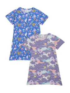 Anthrilo Girls Pack Of 2 Conversational Printed Pure Cotton T-shirt Nightdress