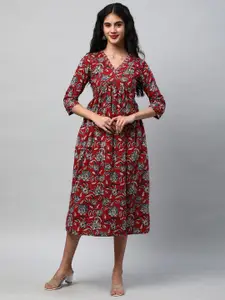 KAMI KUBI Floral Printed  V-Neck Cotton A-Line Midi Dress And Side Pocket.