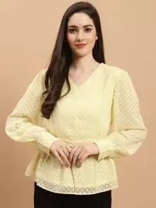 Purple State Self Design Smocked Cinched Waist Top