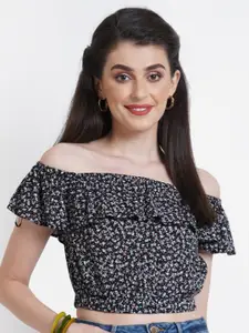 Purple State Floral Printed Off-Shoulder Cotton Bardot Crop Top