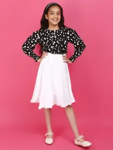 V-Mart Girls Polka Dot Printed Puff Sleeve Belted Georgette Fit & Flare Dress