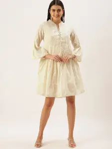 Shaily Mandarin Collar Bell Sleeve Cotton A-Line Dress
