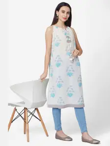 KALINI Floral Printed Tie-Up Neck Sleeveless Cotton A-Line Kurta