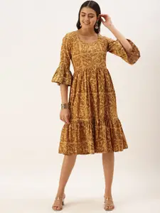 KALINI Abstract Printed Bell Sleeve Tiered Cotton Fit & Flare Dress