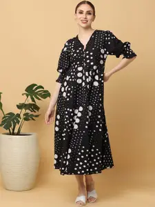 Cora Polka Dots Printed V-Neck Puff Sleeves Cotton Fit and Flare Midi Dress